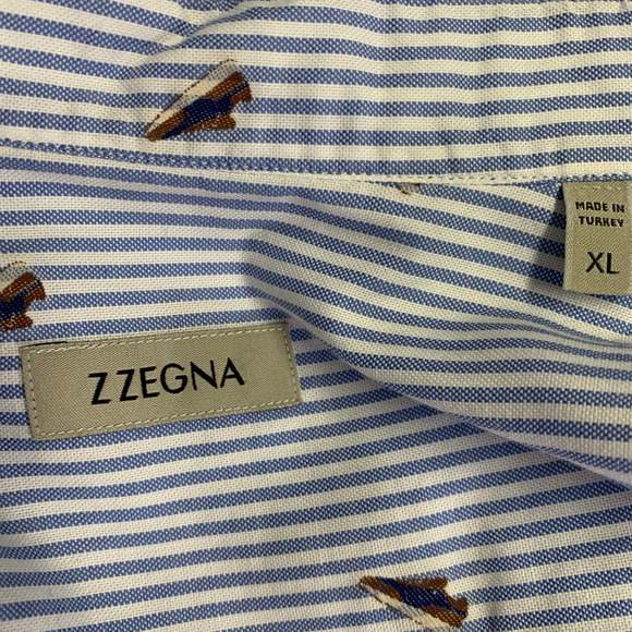 ZEGNA Blue White Stripe Cotton One Pocket Long Sleeve Shirt - Picture 5 of 7